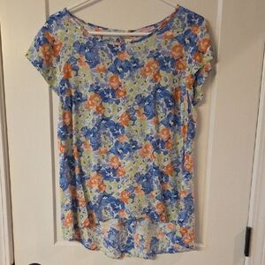 Vibrant Floral Short Sleeve Top - Blue and Orange